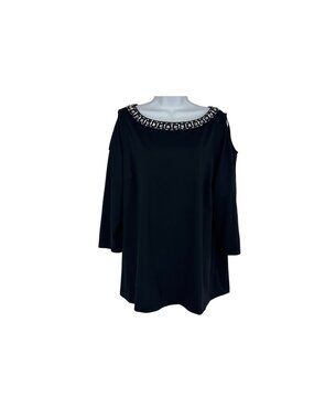 Susan Graver Artisan Black Beaded Neckline Cold Shoulder Tunic Top Size 1X